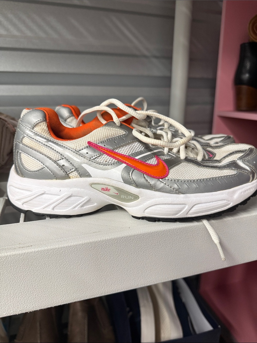 Nike Silver Mesh Running Sneakers with Orange and Pink Swoosh - Picture 1 of 7